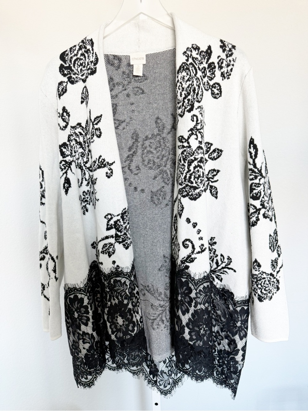 Chico's Long Open Cardigan Sweater Black and White Lace Fringe - Picture 2 of 8